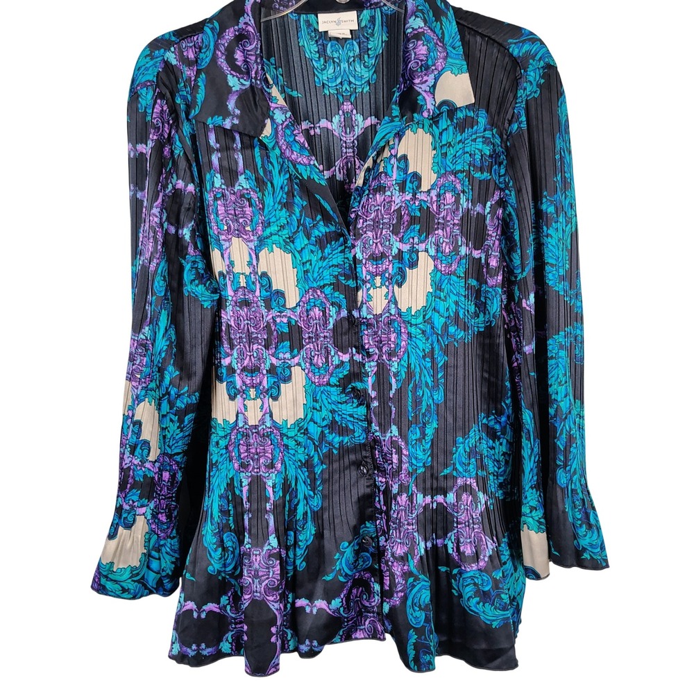 Jaclyn Smith Womens XXL Pleated Baroque Button Down Blouse Teal Purple Y2K Core